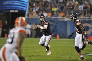 Chicago Bears quarterback Jordan Palmer (2) looks for a receiver during the first half of a preseason NFL football game against the Cleveland Browns, Thursday, Aug. 29, 2013, in Chicago. (AP Photo/Jim Prisching)