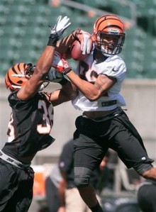 Cincinnati Bengals wide receiver Marvin Jones, right, catches a pass in front of defensive back Shaun Prater (38) during NFL football rookie minicamp at Paul Brown Stadium, Friday, May, 11, 2012, in Cincinnati. (AP Photo/Tony Tribble)